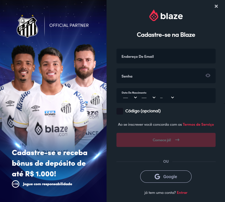 Registre-se no Blaze Casino